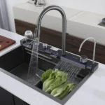 حوض مطبخ سمارت اللون أسود عدد 5 زرار مقاس 75 × 46 سم بخلاط شداد و شلال